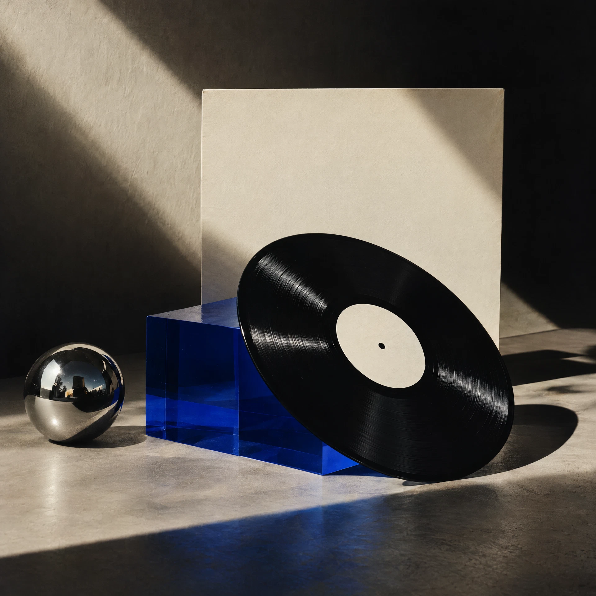 レコードとブルーの立体を組み合わせた音楽事業のコンセプトビジュアル